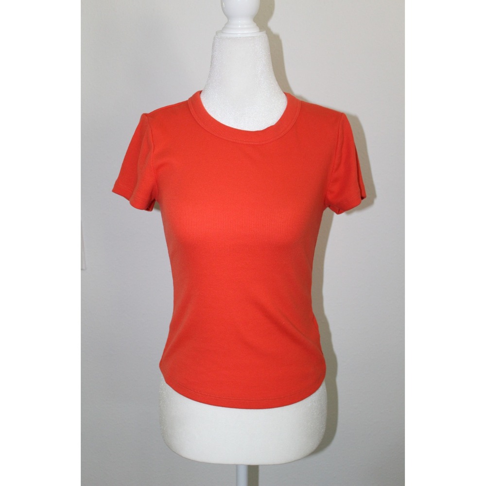 Old Navy Womens Ribbed Crewneck Short Sleeve T-Shirt Red‎ Orange XS Slim Fit